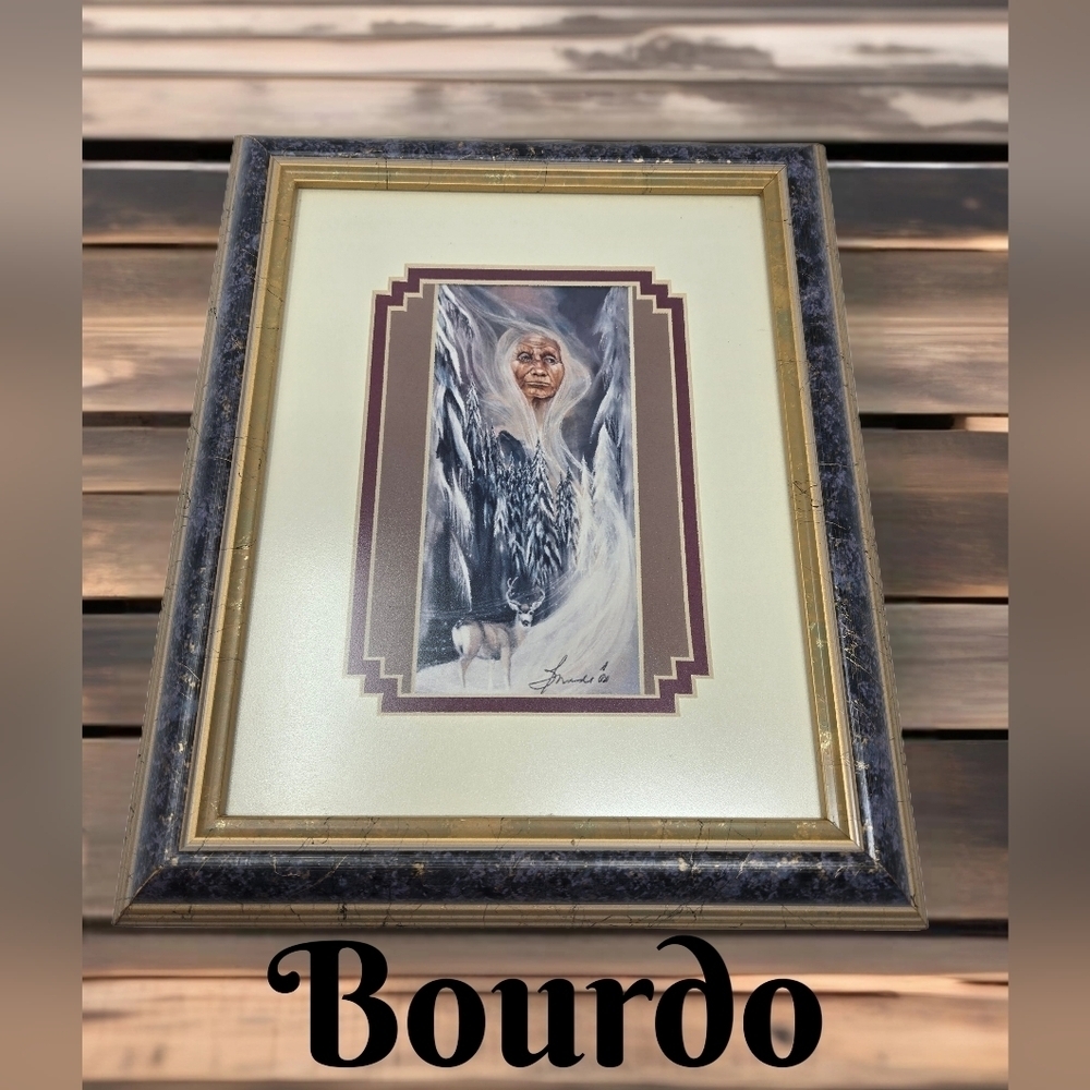 Bourdo Native American Snow Woman Of The Forest Deer Matte & Framed Blues White